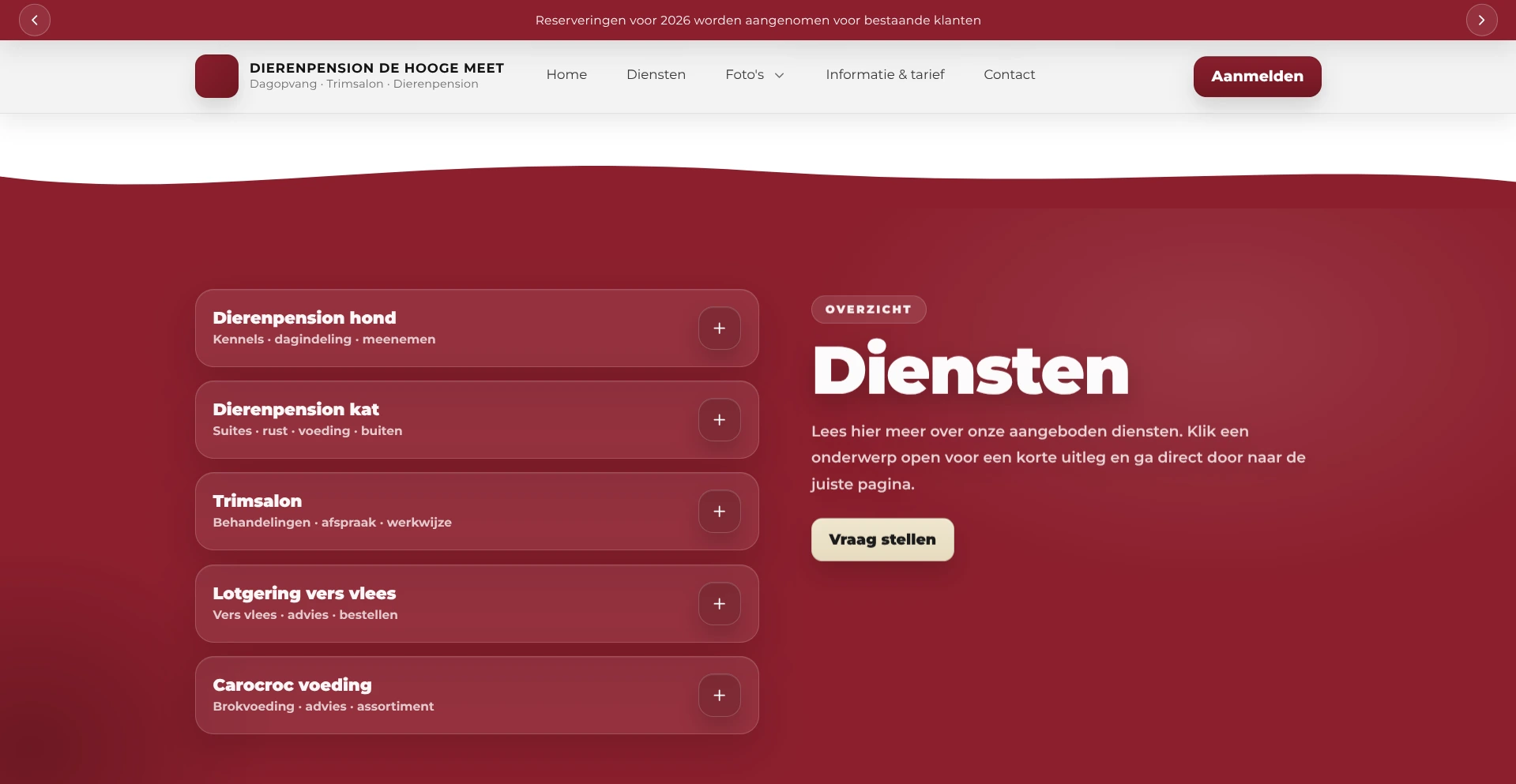 Dienstenoverzicht van Dierenpension De Hooge Meet