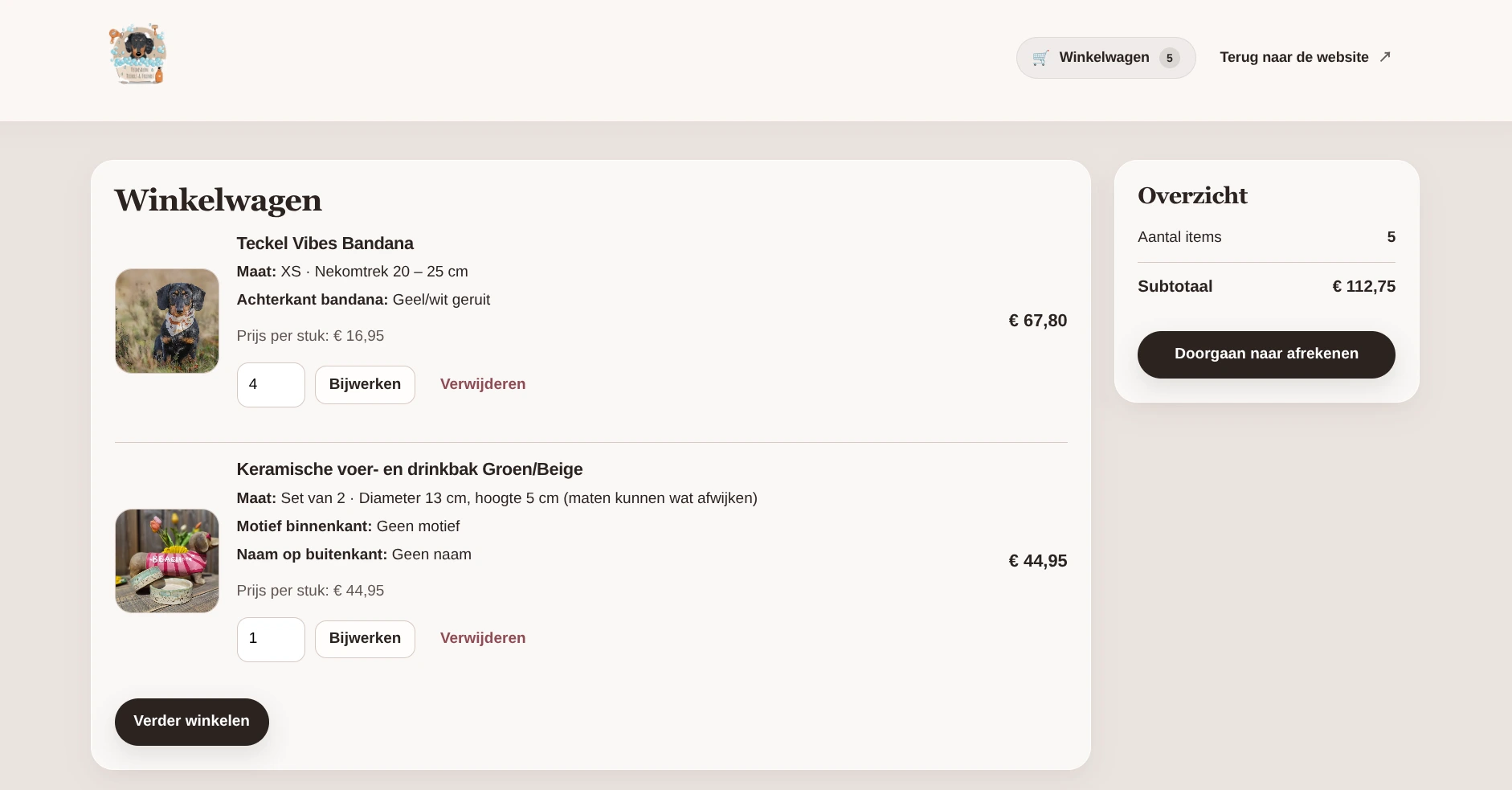 Winkelwagen van de webshop Teckels & Friends