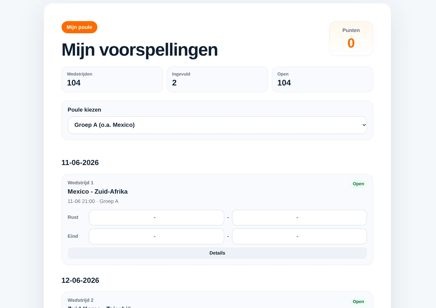 Wedstrijdenoverzicht van WK Poule Schouwen-Duiveland