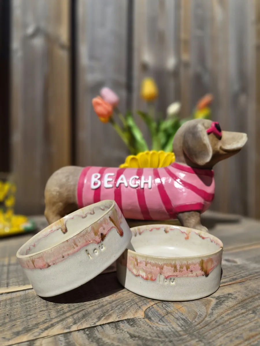 Keramische voer- en drinkbak Roze/Beige